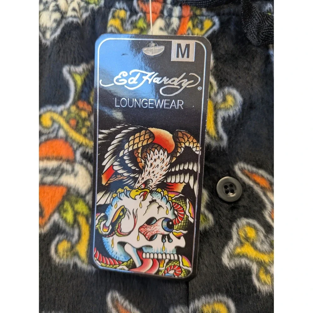 Ed Hardy Junior's‎ Size M Tattoo Print Fleece Pajama Pants Black and Orange